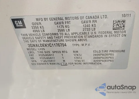 2012 Chevrolet Equinox 1Lt z USA, uszkodzony, nr VIN 2GNALDEK1C1176794